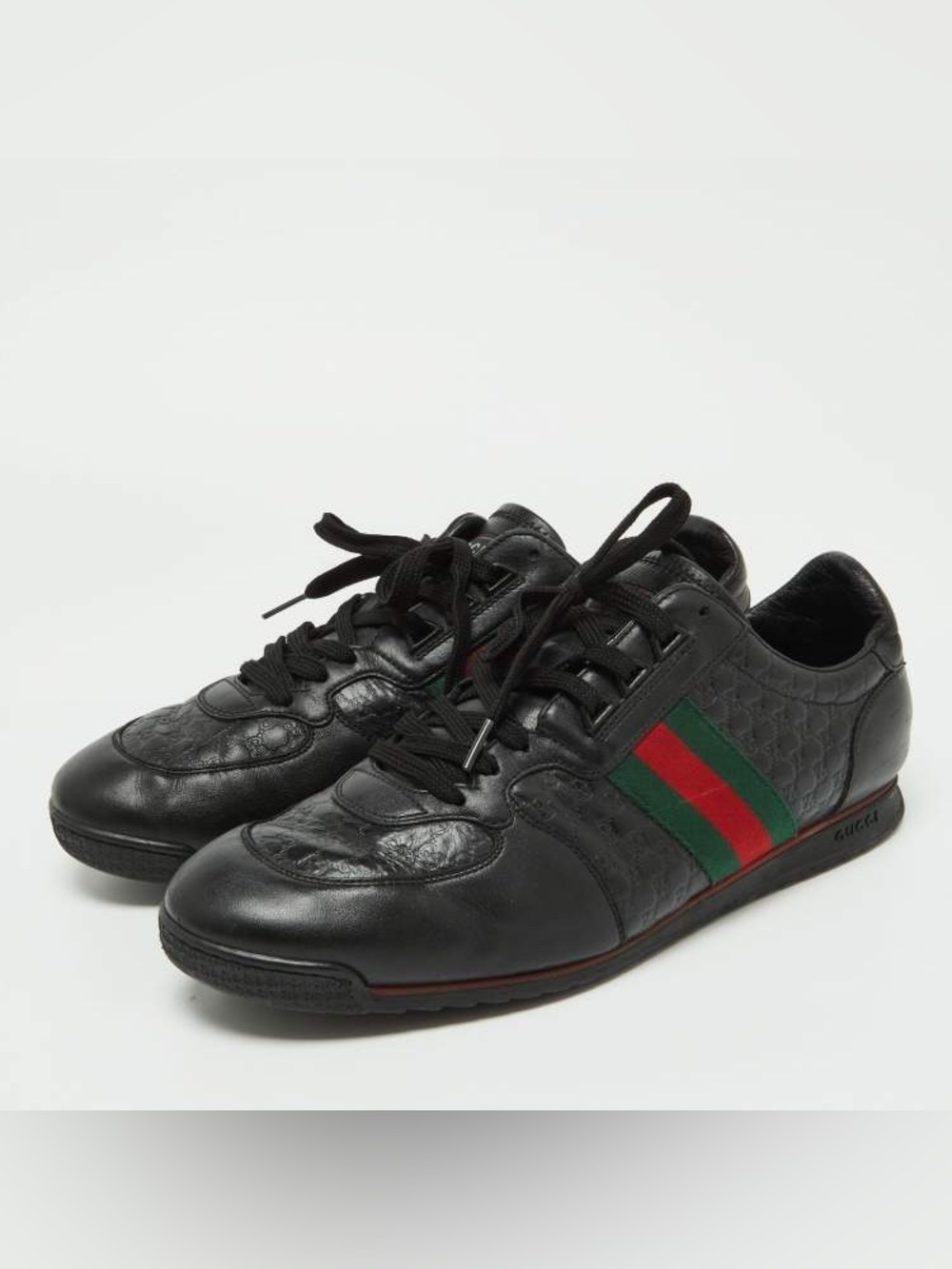 Gucci Black Guccissima Leather Web Sneakers with Green and Red Web Stripe Mens 9